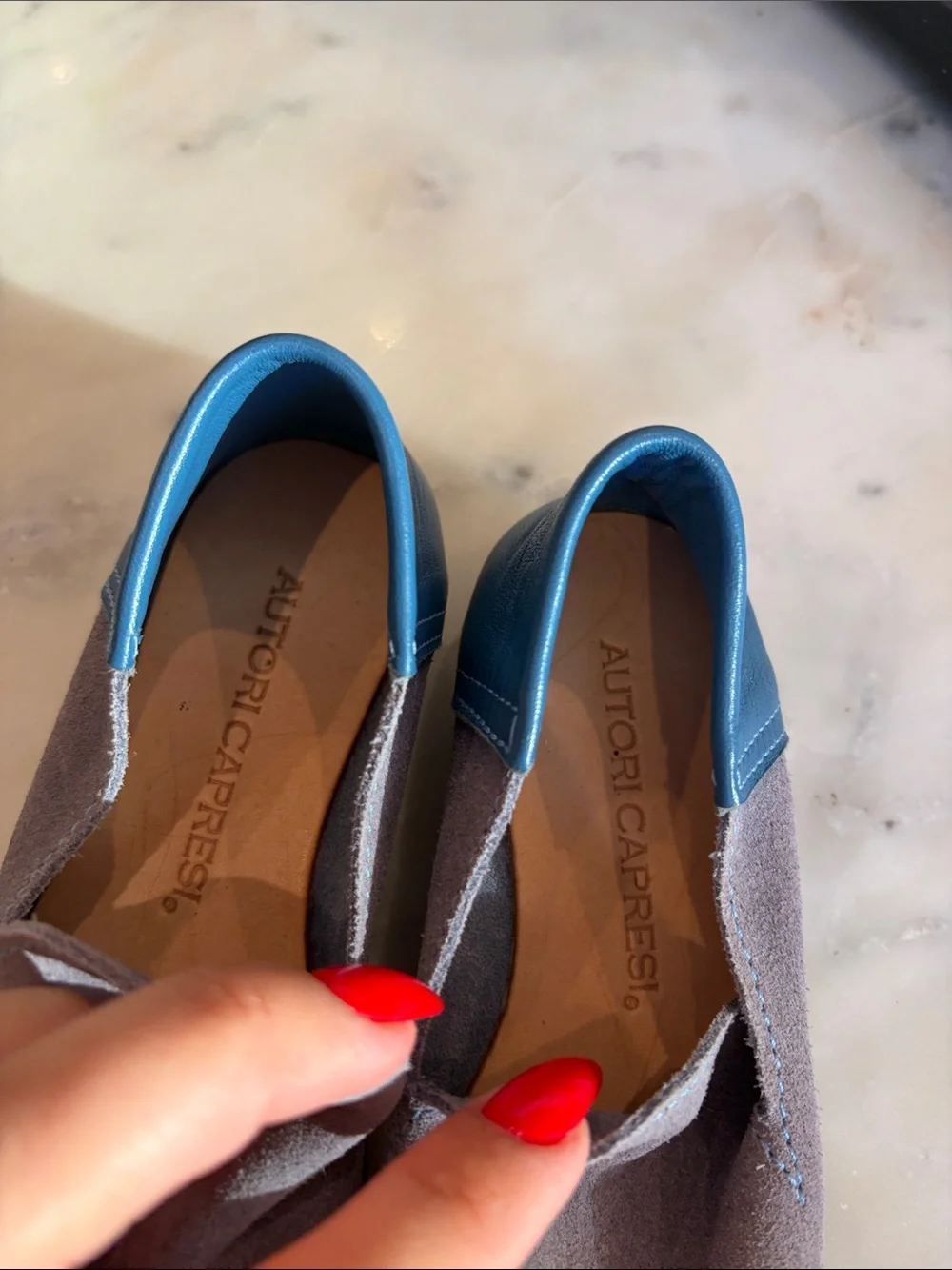 ITALIAN BRAND - AUTORI CAPRESI Suede Slip-On Flats with Blue Heel Collar